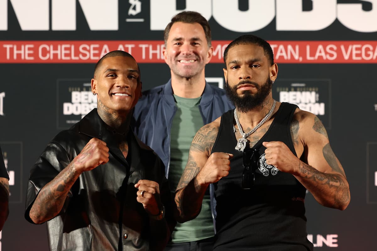 Conor Benn and Peter Dobson at the press conference