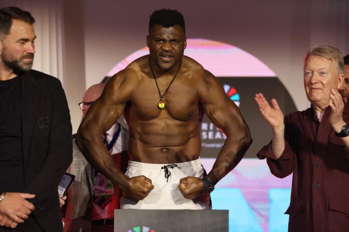 Francis Ngannou weighs-in for Anthony Joshua fight