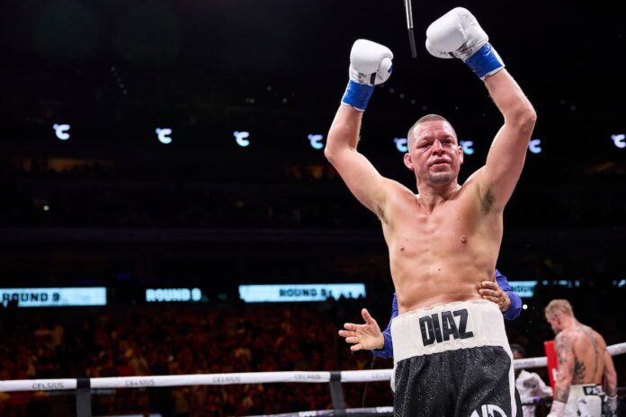 Nate Diaz faces Jorge Masvidal in a boxing match in Inglewood