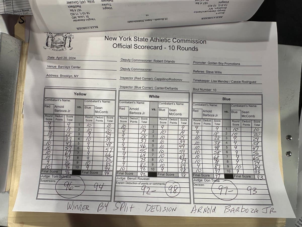 Arnold Barboza Jr vs Sean McComb scorecard