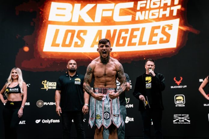 Ruben Warr weighs-in for his BKFC LA fight against Bovar Khanakov