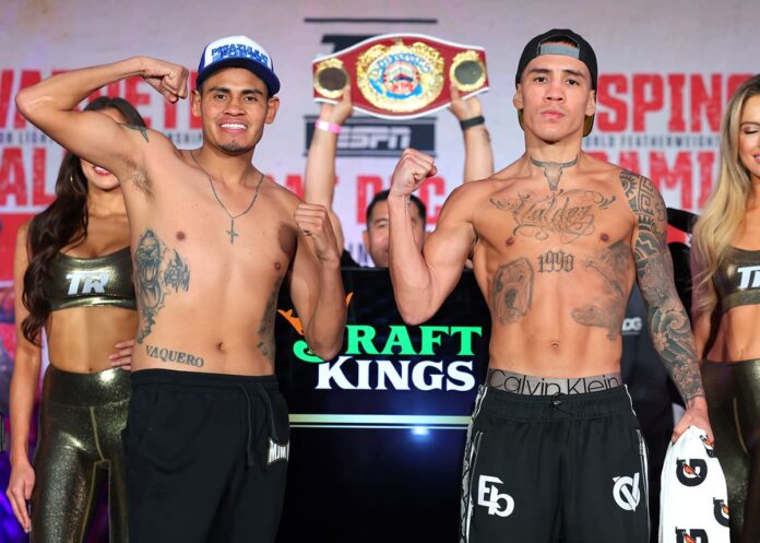 Emanuel Navarrete and Oscar Valdez at the weigh-in ahead of their rematch