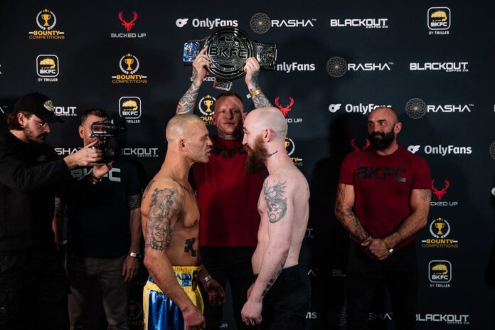 Gary Fox and Jonno Chipchase face each other at the BKFC Manchester weigh-in