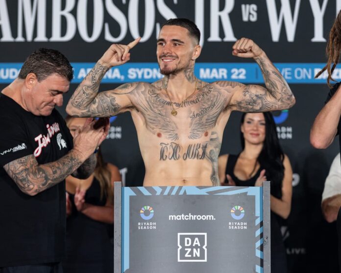 George Kambosos Jr at the weigh-in ahead of his boxing match against Jake Wyllie