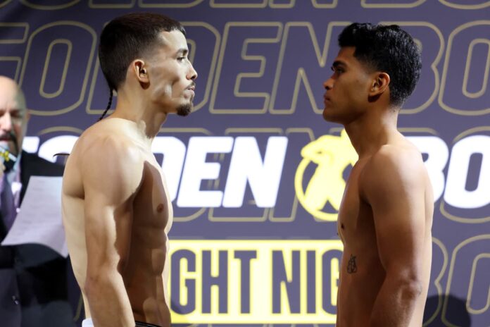 Manuel Flores and Jorge Leyva face each other at the weigh-in ahead of their boxing bout in Indio, CA