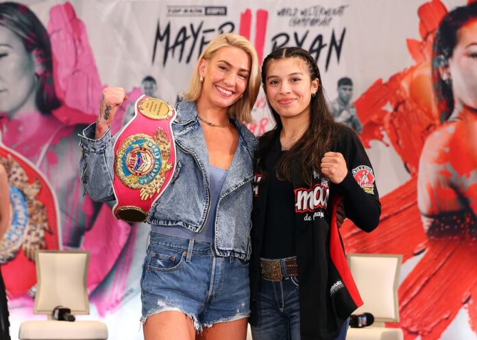Mikaela Mayer and Perla Bazaldua pose during a press conference