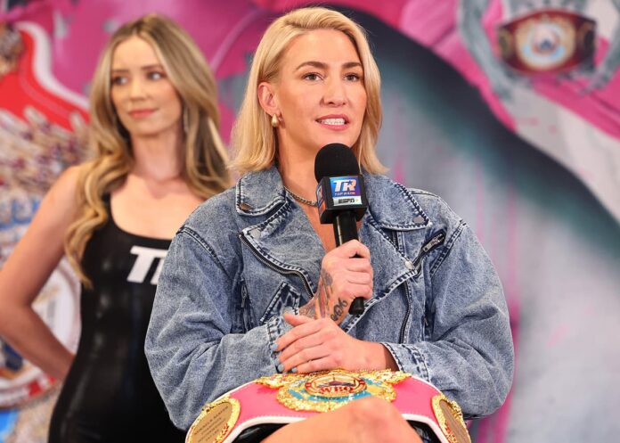 Mikaela Mayer at the press conference ahead of her rematch against Sandy Ryan