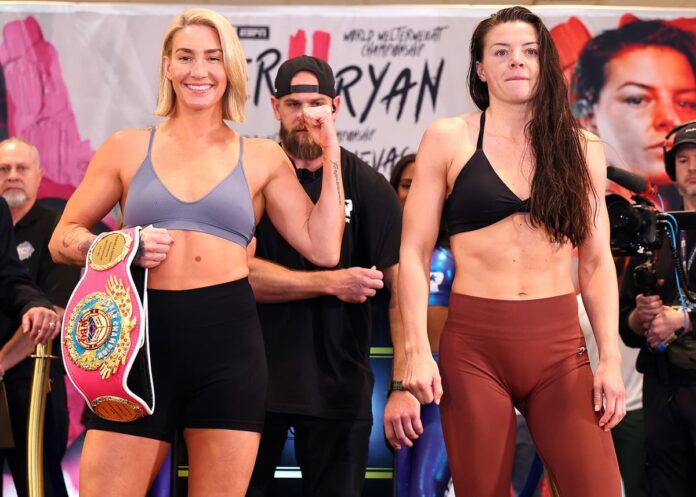 Mikaela Mayer and Sandy Ryan at the weigh-in ahead of their rematch in Las Vegas