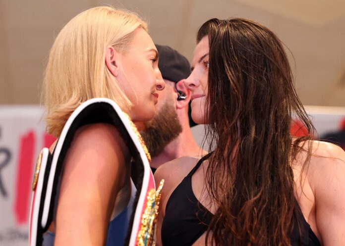 Mikaela Mayer and Sandy Ryan face each other at the weigh-in ahead of their rematch in Las Vegas