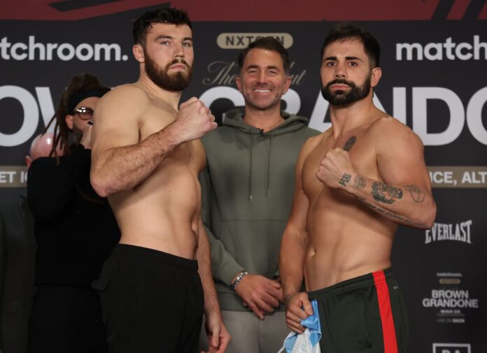Pat Brown and Federico Javier Grandone at the weigh-in before their boxing match in Altrincham, Greater Manchester