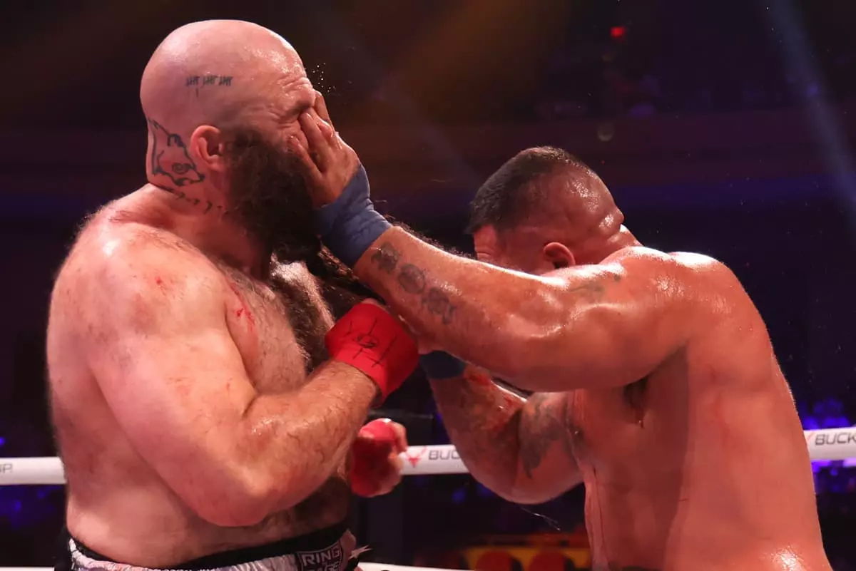 Shelby 'Bear' Hill and Nicholas Blume during their bare-knuckle boxing bout at BKFC 70 Hollywood