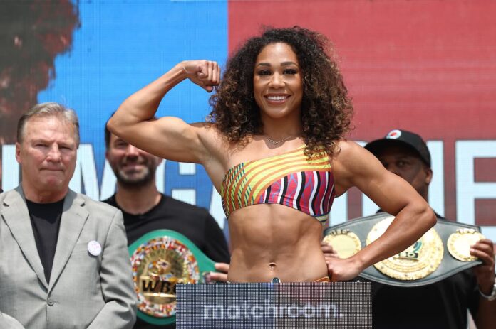 Alycia Baumgardner at the weigh-in ahead of her bout against Christina Linardatou