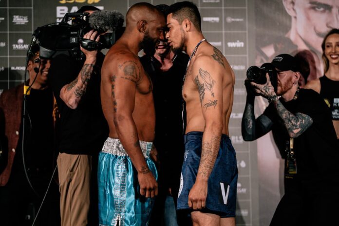 Austin Trout and Carlos Trinidad-Snake face each other at the weigh-in ahead of their bout at BKFC 71 Dubai