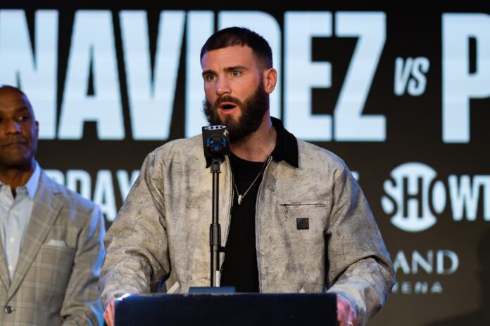 Caleb Plant speaks at a kick-off press conference before his boxing match against David Benavidez in Las Vegas