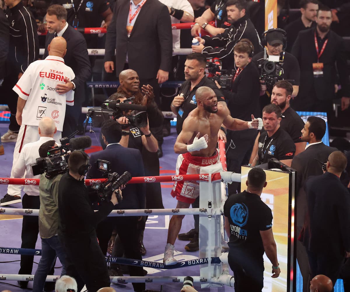 Chris Eubank Jr celebrates victory after his bout against Conor Benn