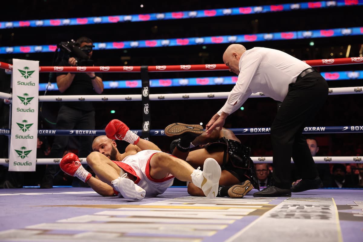 Chris Eubank Jr and Conor Benn fall down during their boxing bout
