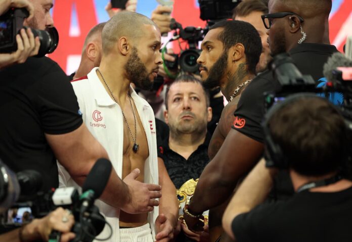 Chris Eubank Jr and Conor Benn face each other at the weigh-in, ahead of their boxing bout in London
