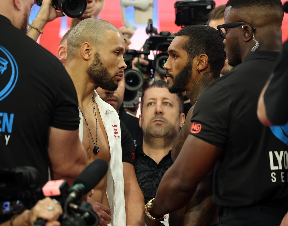 Chris Eubank Jr and Conor Benn face off at the weigh-in ahead of their bout