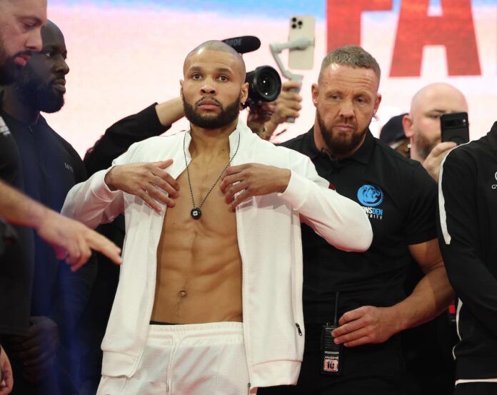 Chris Eubank Jr at the weigh-in ahead of his boxing bout against Conor Benn in London