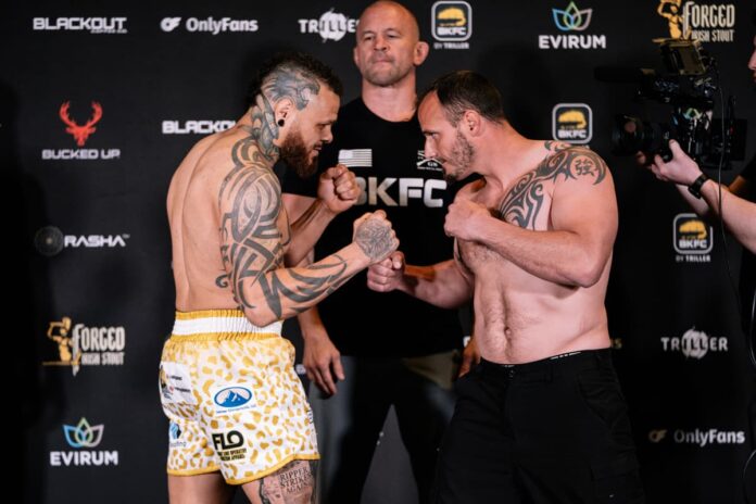Marcus Edwards and Dakota Cochrane face each other at the BKFC Omaha weigh-in