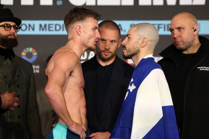 Dalton Smith and Mathieu Germain face each other at the weigh-in ahead of their boxing bout in Sheffield, England