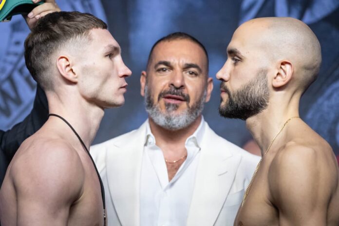 Dzmitry Asanau and Francesco Patera face each other at the weigh-in ahead of their boxing bout in Montreal