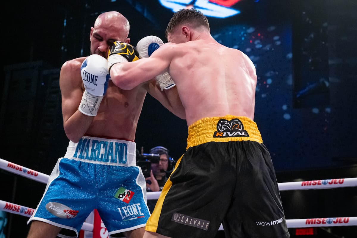 Dzmitry Asanau and Francesco Patera during their boxing bout