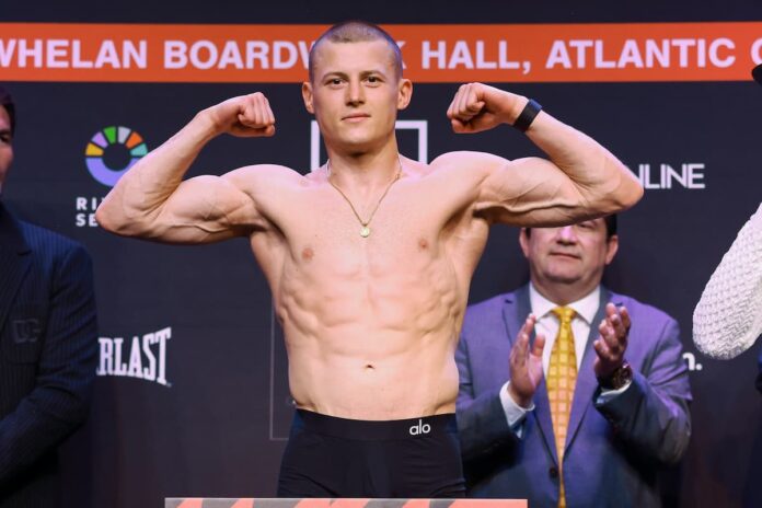 Eimantas Stanionis at the weigh-in ahead of his boxing bout against Jaron Ennis in Atlantic City