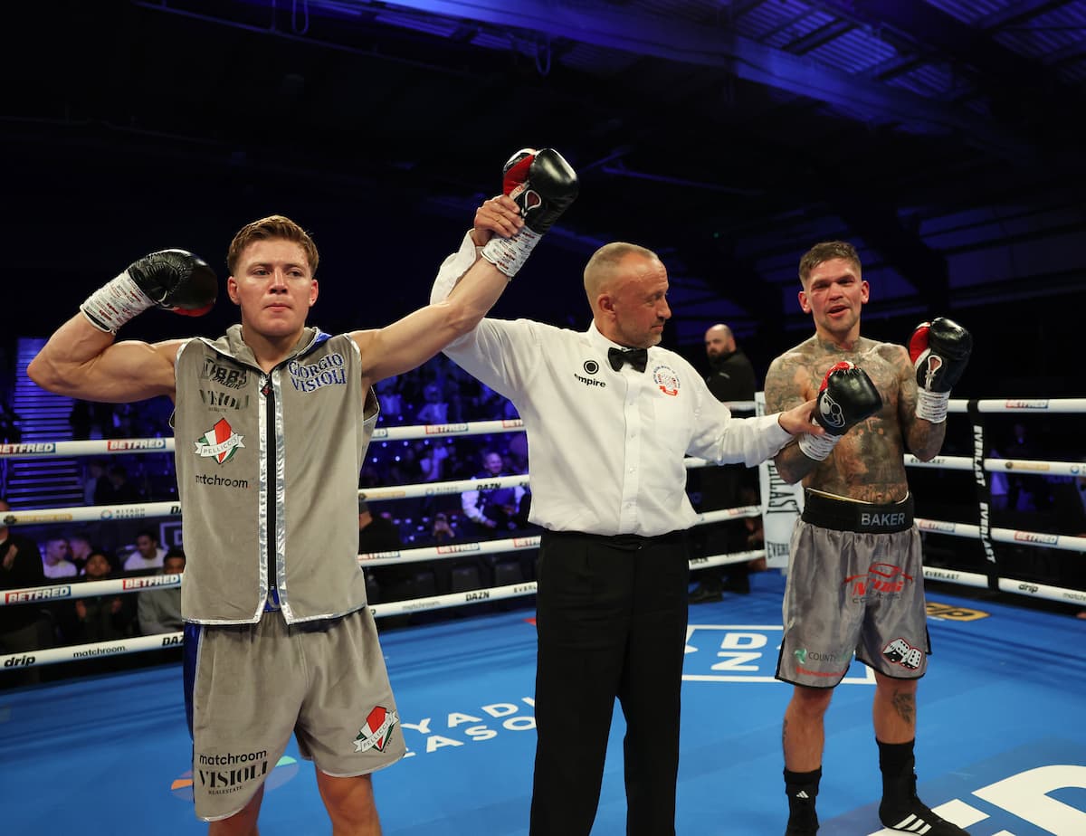 Giorgio Visioli victorious over Kane Baker in their boxing bout in Sheffield, England