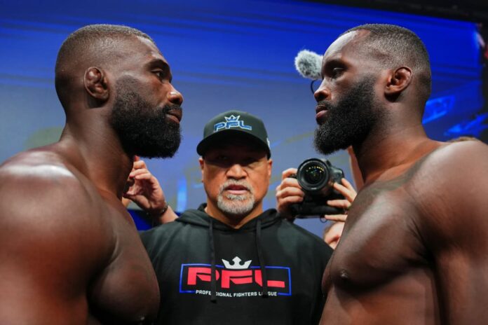 Impa Kasanganay and Fabian Edwards face each other at the weigh-in before their bout at the 2025 PFL Tournament 3