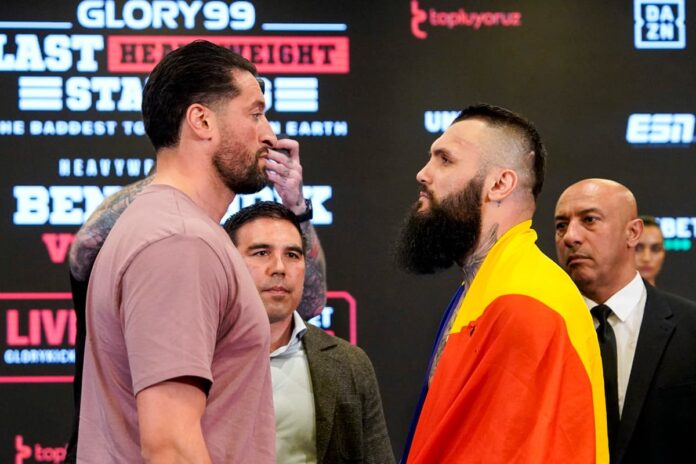 Jamal Ben Saddik and Cristian Ristea face each other at the Glory 99 weigh-in