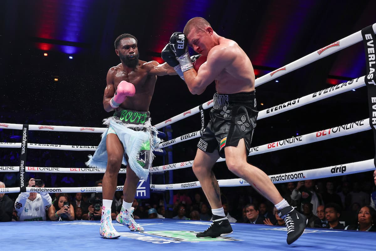Jaron Ennis punches Eimantas Stanionis during their bout