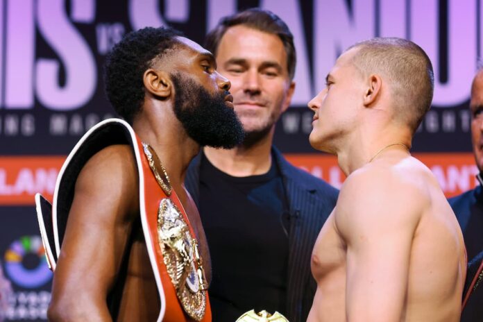 Jaron Ennis and Eimantas Stanionis face each other at the weigh-in ahead of their boxing bout in Atlantic City