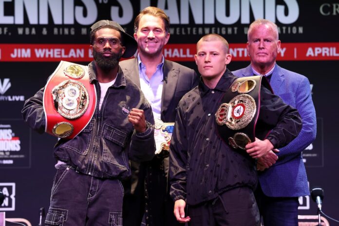 Jaron Ennis, Eddie Hearn, Eimantas Stanionis, and Tom Brown at the press conference