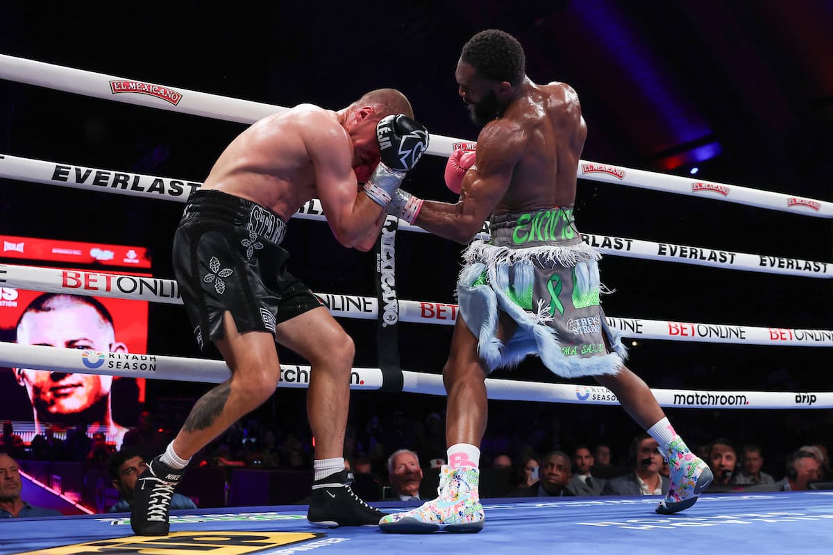 Jaron Ennis punches Eimantas Stanionis during their bout
