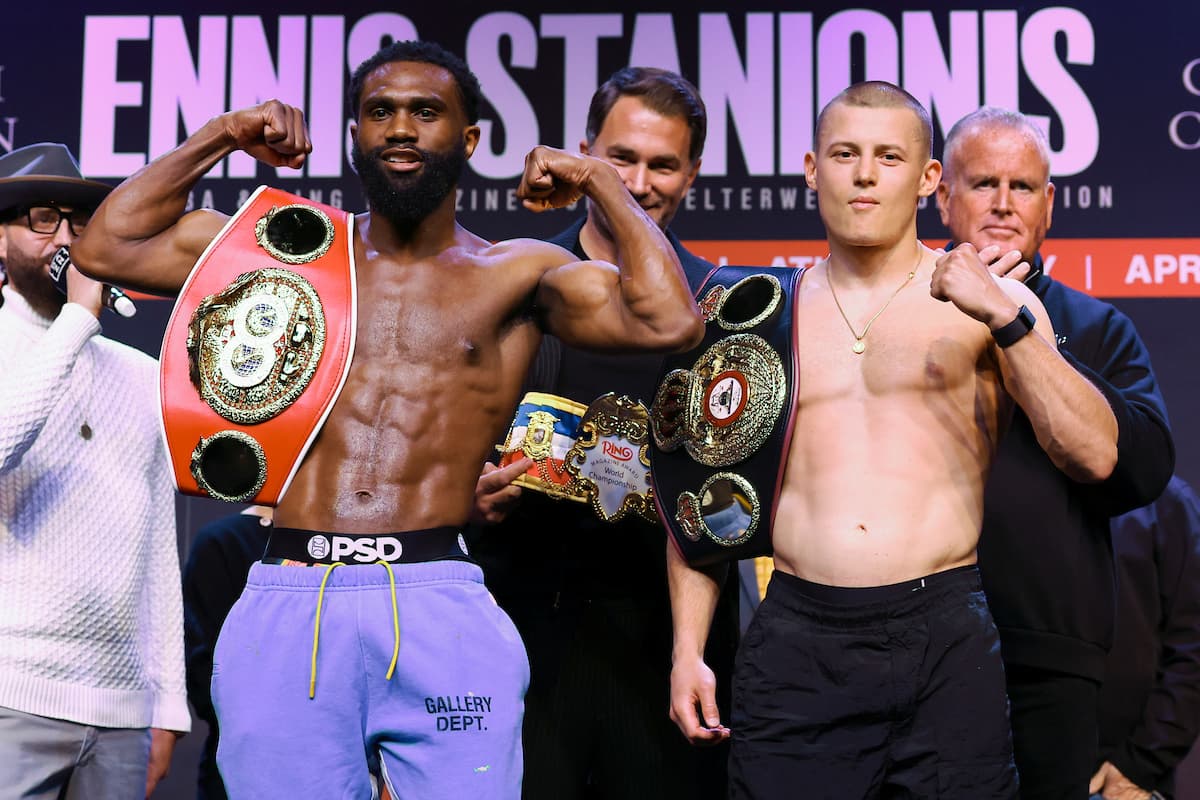 Jaron Ennis and Eimantas Stanionis at the weigh-in ahead of their boxing bout