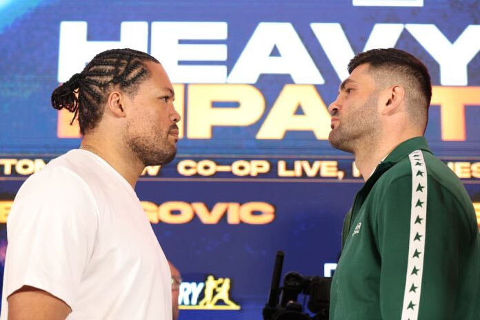 Joe Joyce and Filip Hrgovic face off at the weigh-in ahead of their boxing bout in Manchester