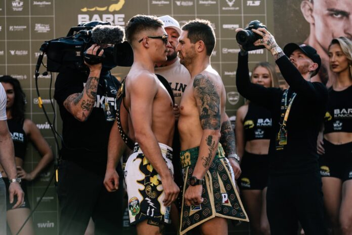 Kai Stewart and Tommy Strydom face off at the BKFC 72 weigh-in in Dubai