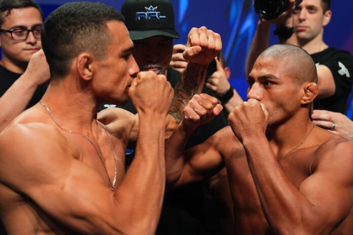 Leandro Higo and Marcirley Alves face each other at the weigh-in before their bout at the 2025 PFL Tournament 2