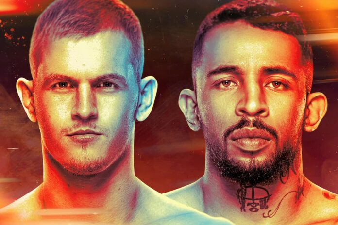Image featuring the faces of Ian Machado Garry and Carlos Prates, promoting their MMA bout at UFC Kansas City