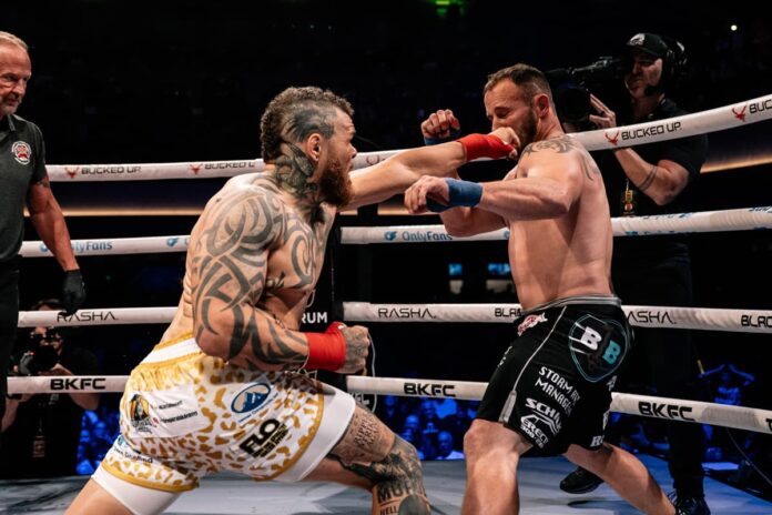 Marcus Edwards dominates Dakota Cochrane during their bare-knuckle boxing bout at BKFC Omaha