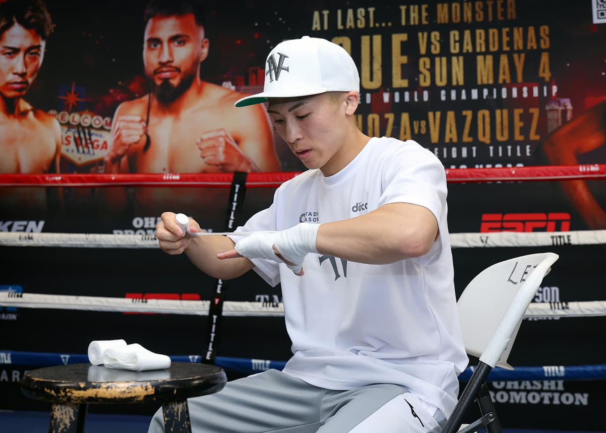 Naoya Inoue getting his hands wrapped during a media workout ahead of his bout against Ramon Cardenas