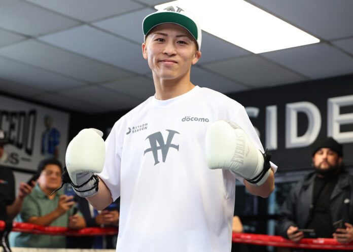 Naoya Inoue poses during a media workout in Los Angeles, ahead of his upcoming fight against Ramon Cardenas in Las Vegas