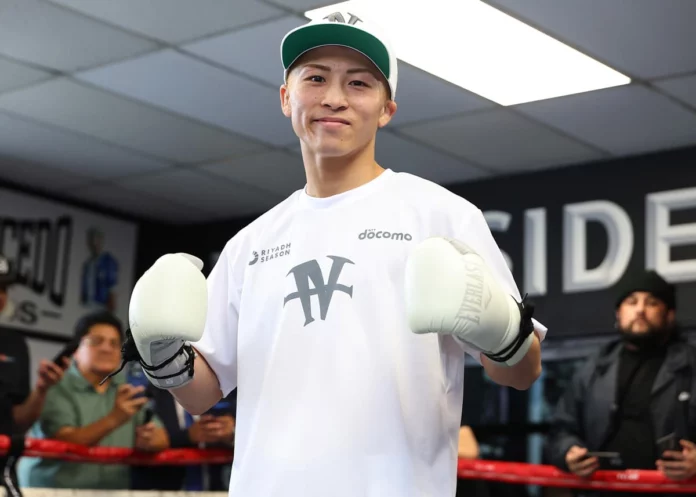 Naoya Inoue poses during a media workout in Los Angeles, ahead of his upcoming fight against Ramon Cardenas in Las Vegas