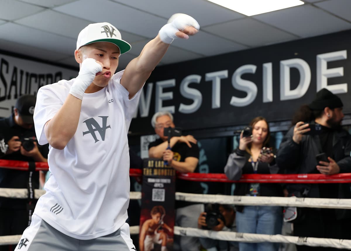 Naoya Inoue shadowboxing during a media workout ahead of his bout against Ramon Cardenas