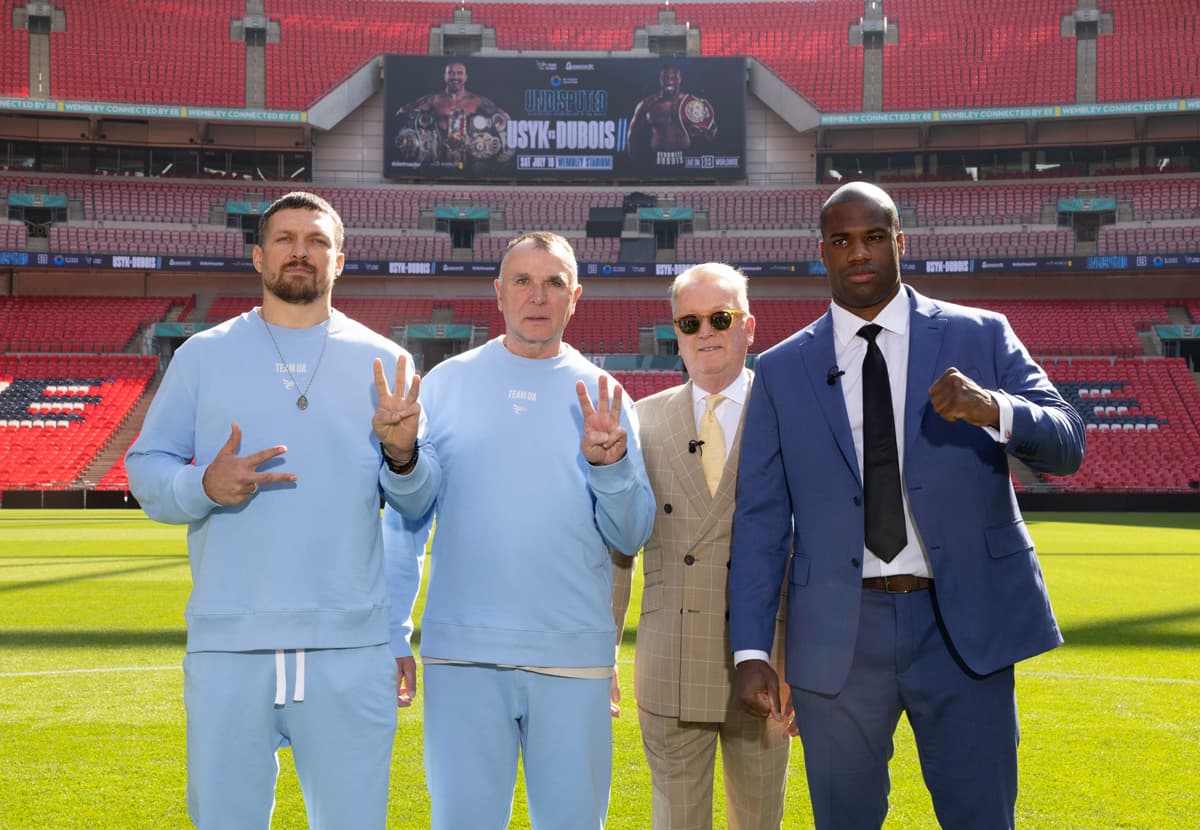 Oleksandr Usyk, Egis Klimas, Frank Warren, and Daniel Dubois at Wembley Stadium