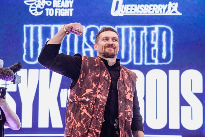 Oleksandr Usyk at a launch press conference ahead of his rematch against Daniel Dubois at Wembley Stadium in London