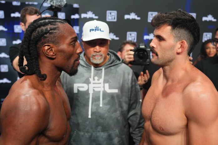 Phil Davis and Rob Wilkinson face each other at the weigh-in before their MMA bout at the 2025 PFL World Tournament 4