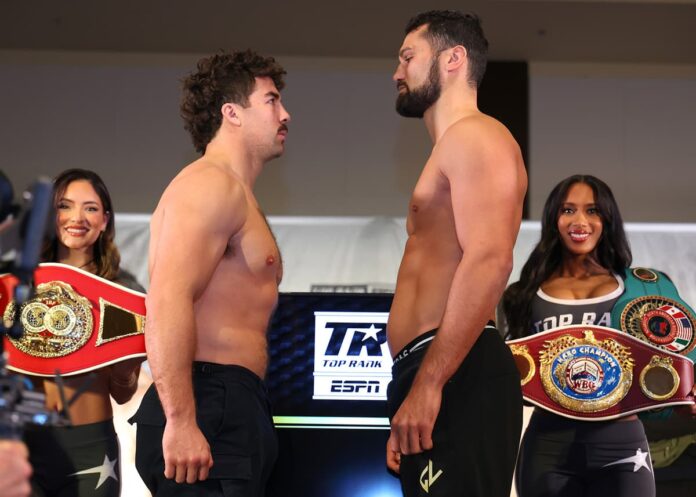 Richard Torrez Jr and Guido Vianello face each other at the weigh-in ahead of their boxing bout in Las Vegas