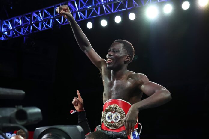 Richardson Hitchins celebrates victory over Liam Paro in their boxing match in Puerto Rico